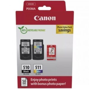 Cartucho de Tinta Original Canon PG-510 + CL-511 Multipack/ Negro/ Tricolor + Papel Fotogr?fico