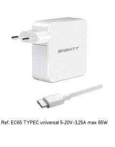 ALIMENTADOR PORT.  65W EIGHTT  ASUS, APPLE, ACER ... TYPE-C PN: EC65 EAN: 8425402170960