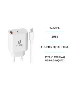 CARGADOR  5V ENCHUFE USB TYPE   A, USB TYPE C 30W BLANCO
